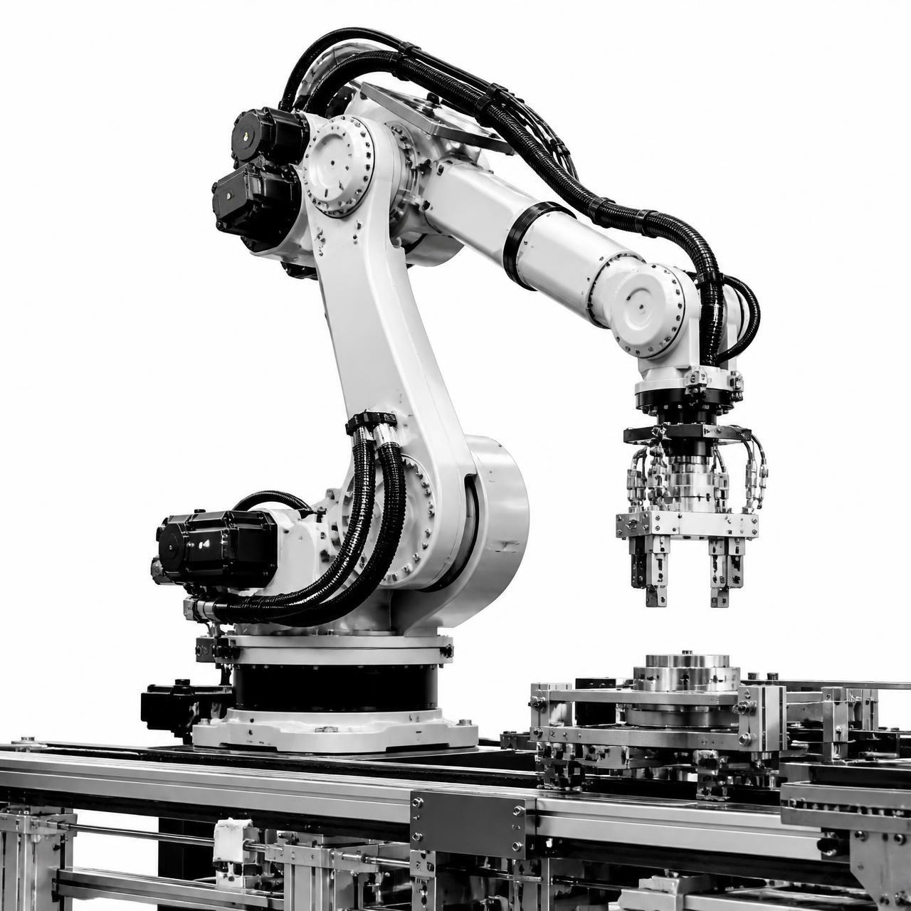 Industrial robotic arm on a modern robotics production line
